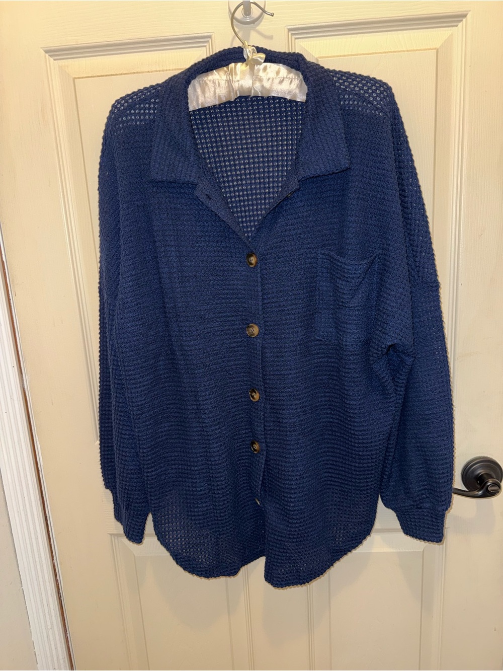 Navy Lightweight Waffle Knit Button-Up Oversized Shirt